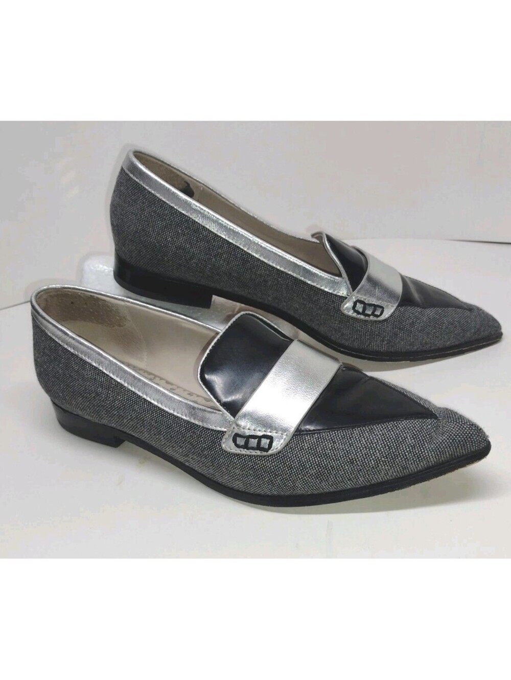 Boden Octavia Pointed Toe Loafers 39 Tweed Patent Leather Metallic SilverBoden